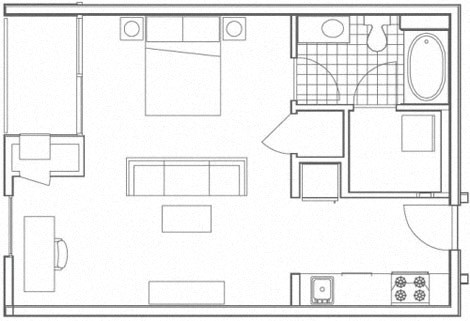 Floor plan for studio, 1 bath, 600 sqft